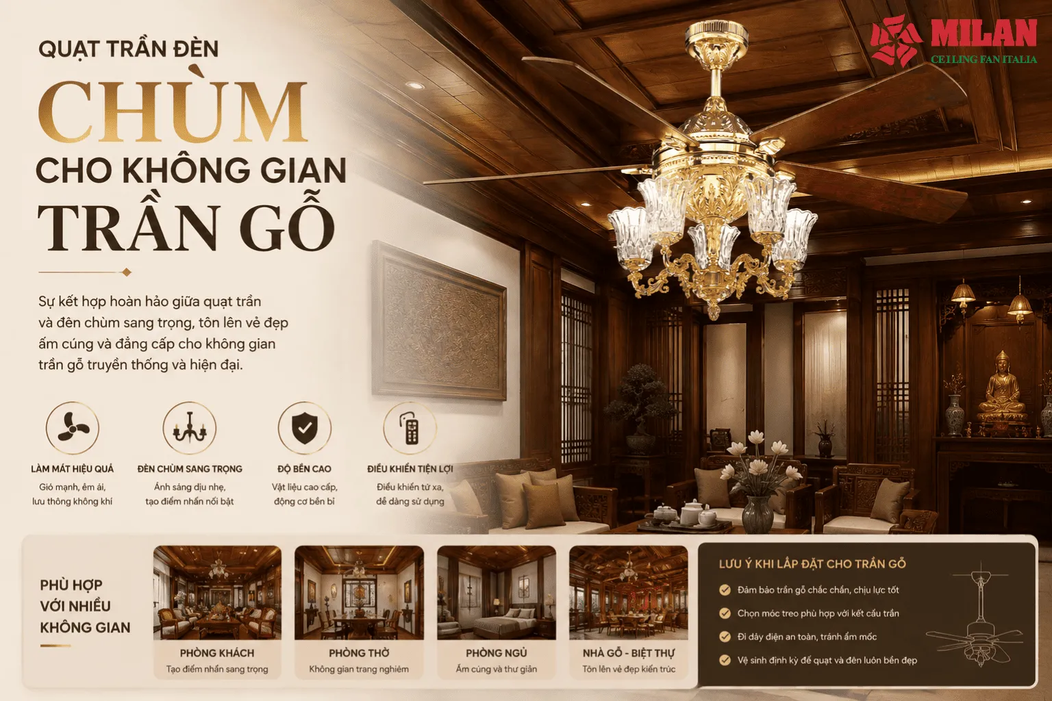quạt trần đèn chùm trần gỗ